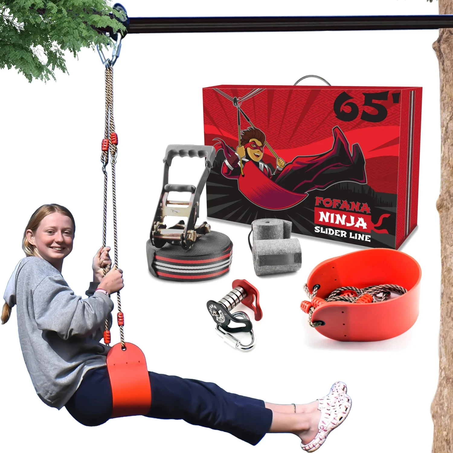 Fofana Ninja Slider Pulley-Kit 20m Line Met Katrol En Zitje 1 Fofana Ninja Slider Pulley-Kit 20m Line Met Katrol En Zitje